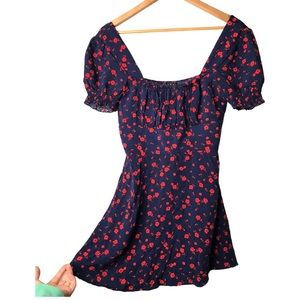 Trixxi | Blue mini dress ruched chest puff sleeve red floral print dress •